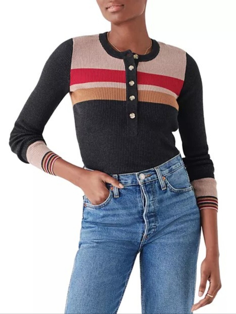 Faherty Mikki Striped Henley Ribbed Sweater in Gray, Red & Tan Size Medium